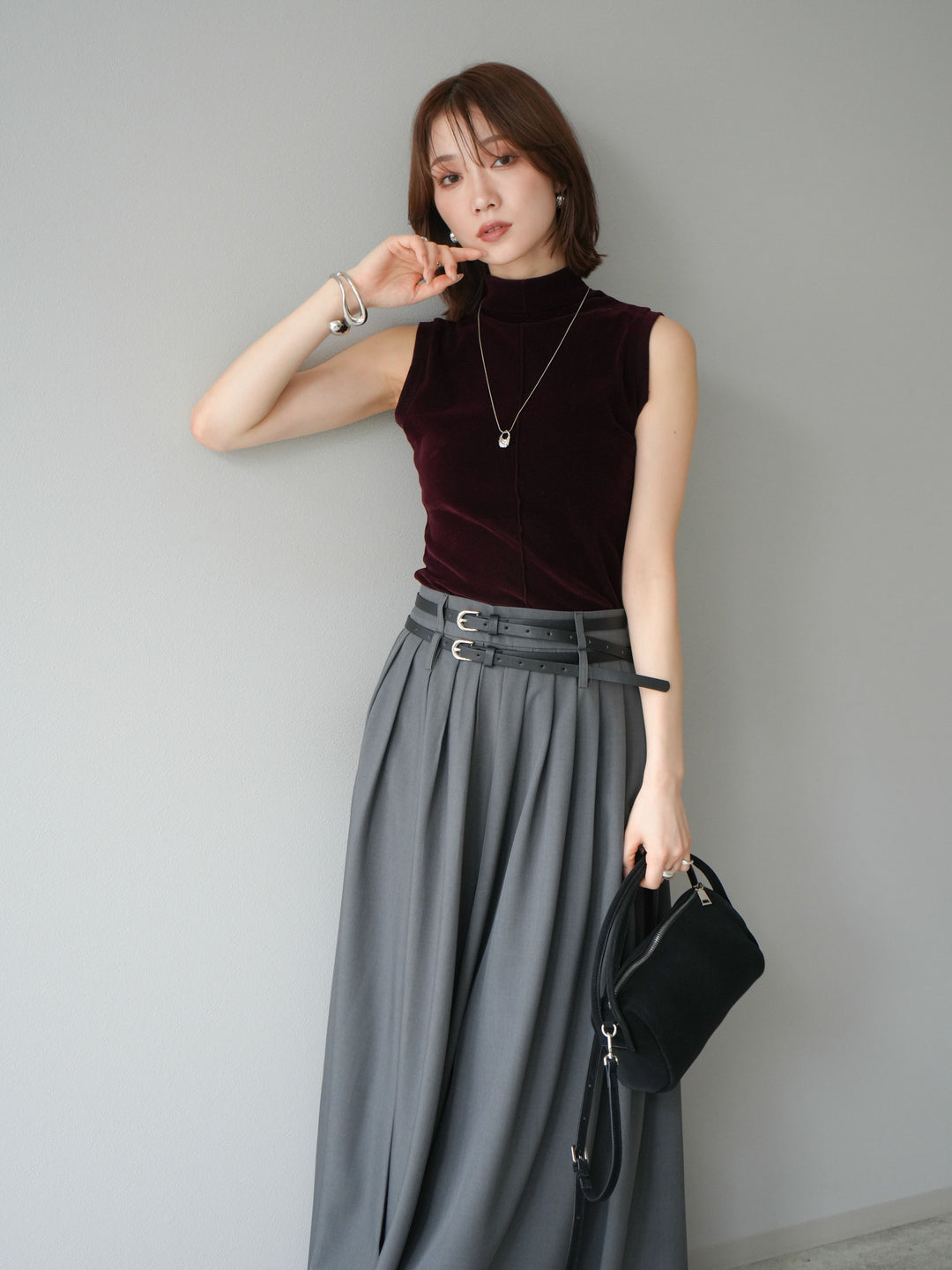 [予約]シアーベロアプチネックノースリーブトップス/ボルドー