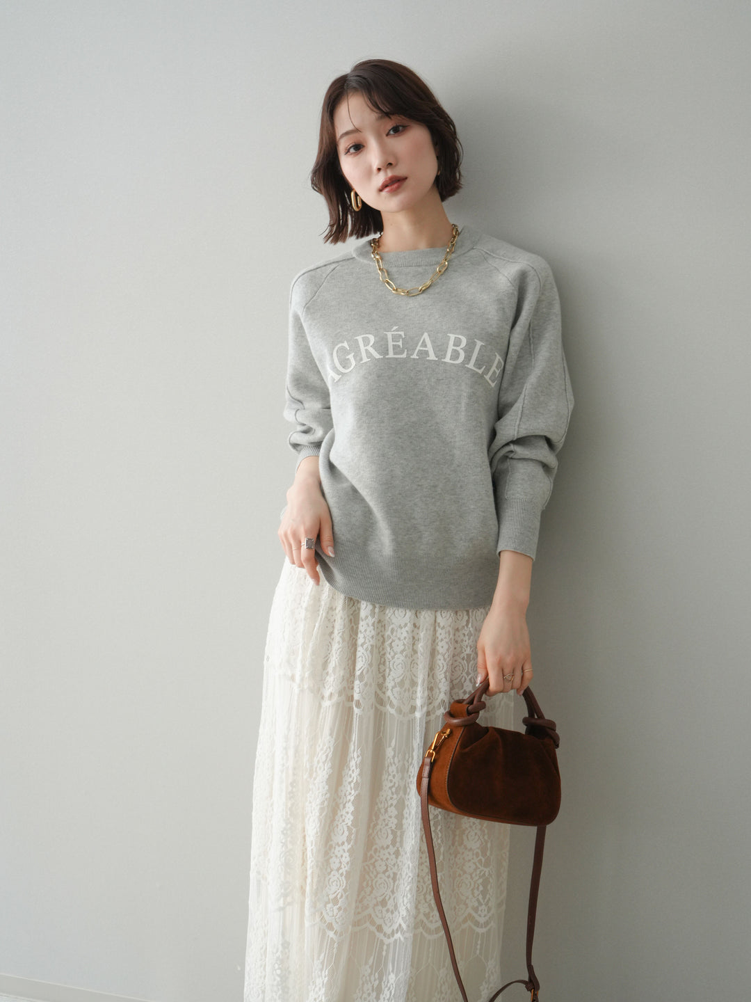 [予約]半ラバープリントロゴスウェットライクニットプルオーバー/mokugray