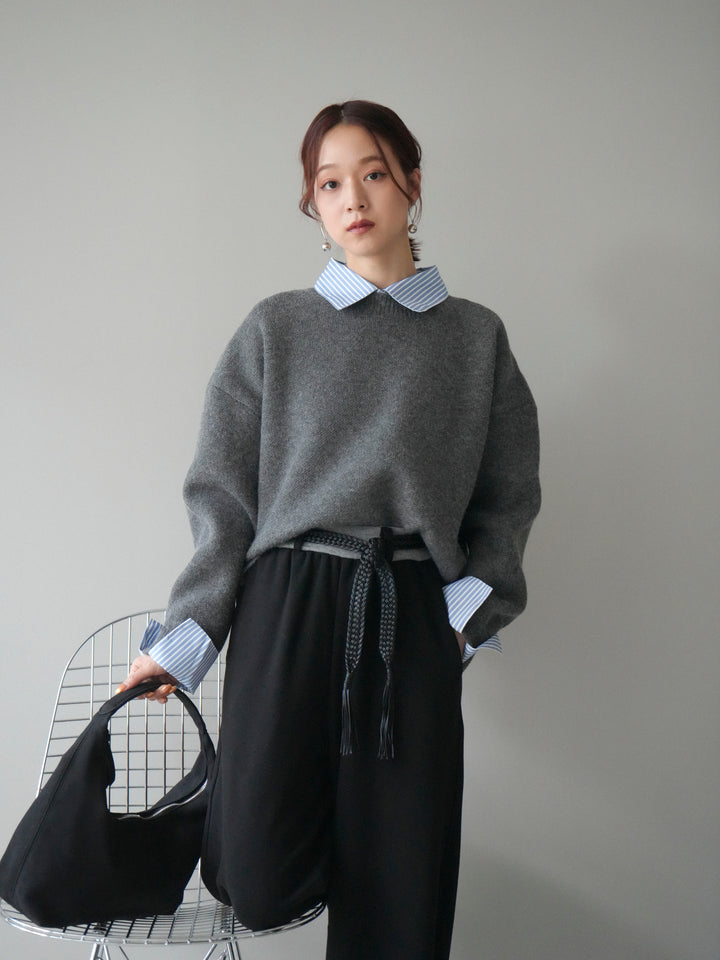 [予約]2WAYストライプ襟ニットプルオーバー/charcoal