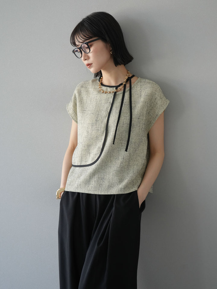 [SET]サマーツイードケープデザインプルオーバー+クレープシフォンタックワイドパンツ(2set)