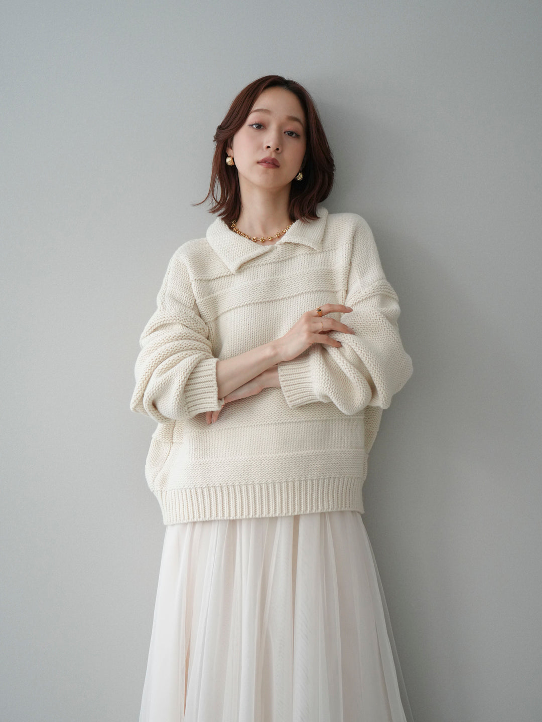 [SET]襟付きボーダー編みニットプルオーバー+チュールボリュームスカート(2set)