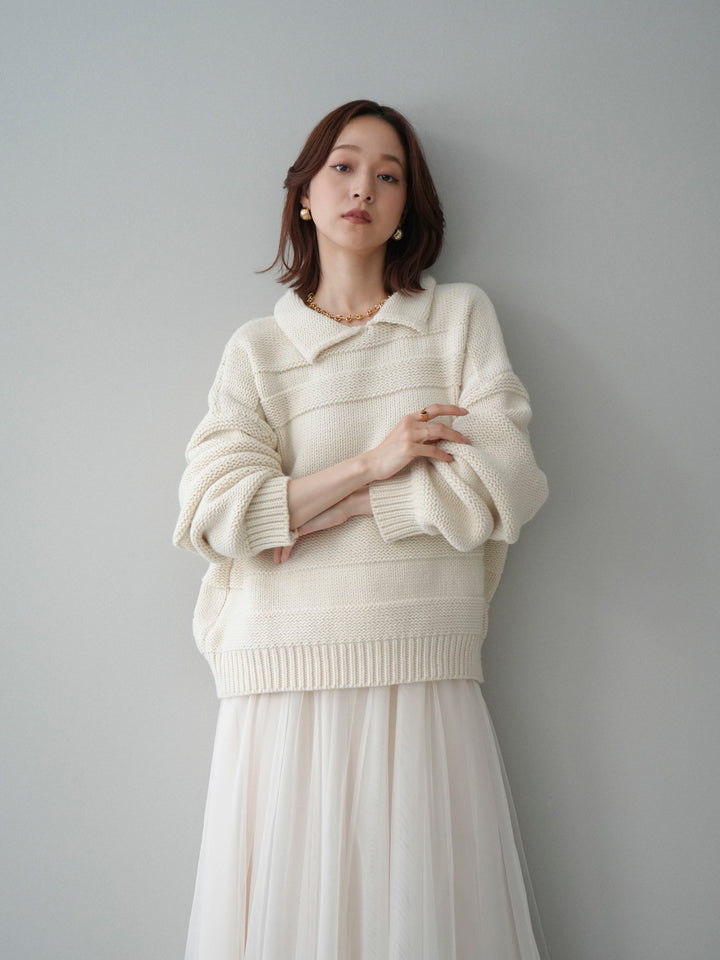 [SET]襟付きボーダー編みニットプルオーバー+チュールボリュームスカート(2set)