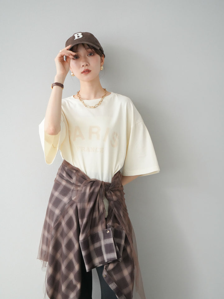 [SET]ピグメントロゴプリントTシャツ+2WAYデザインスウェットパンツ+チュールドッキングチェック柄オーバーサイズシャツ(3set)