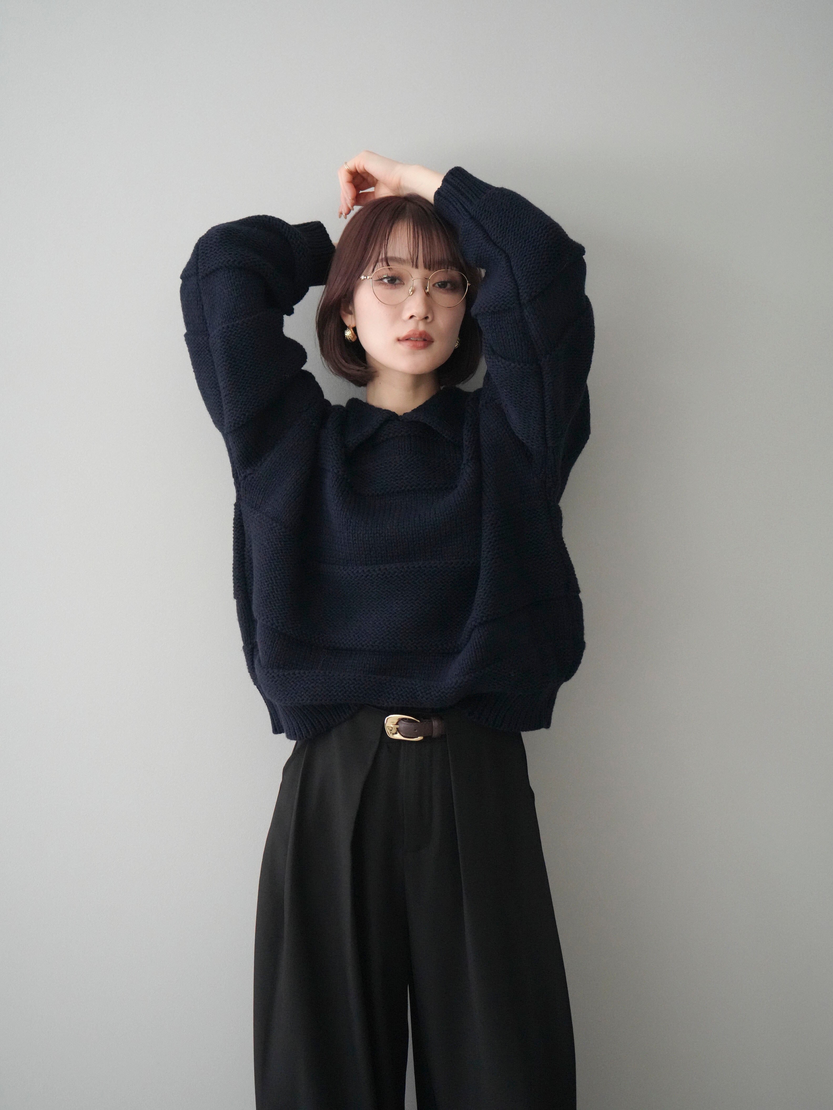 予約]襟付きボーダー編みニットプルオーバー/navy – Lumier