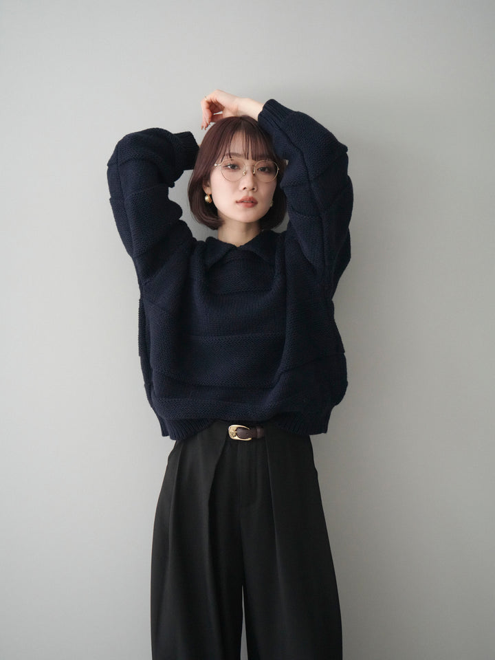 [予約]襟付きボーダー編みニットプルオーバー/navy