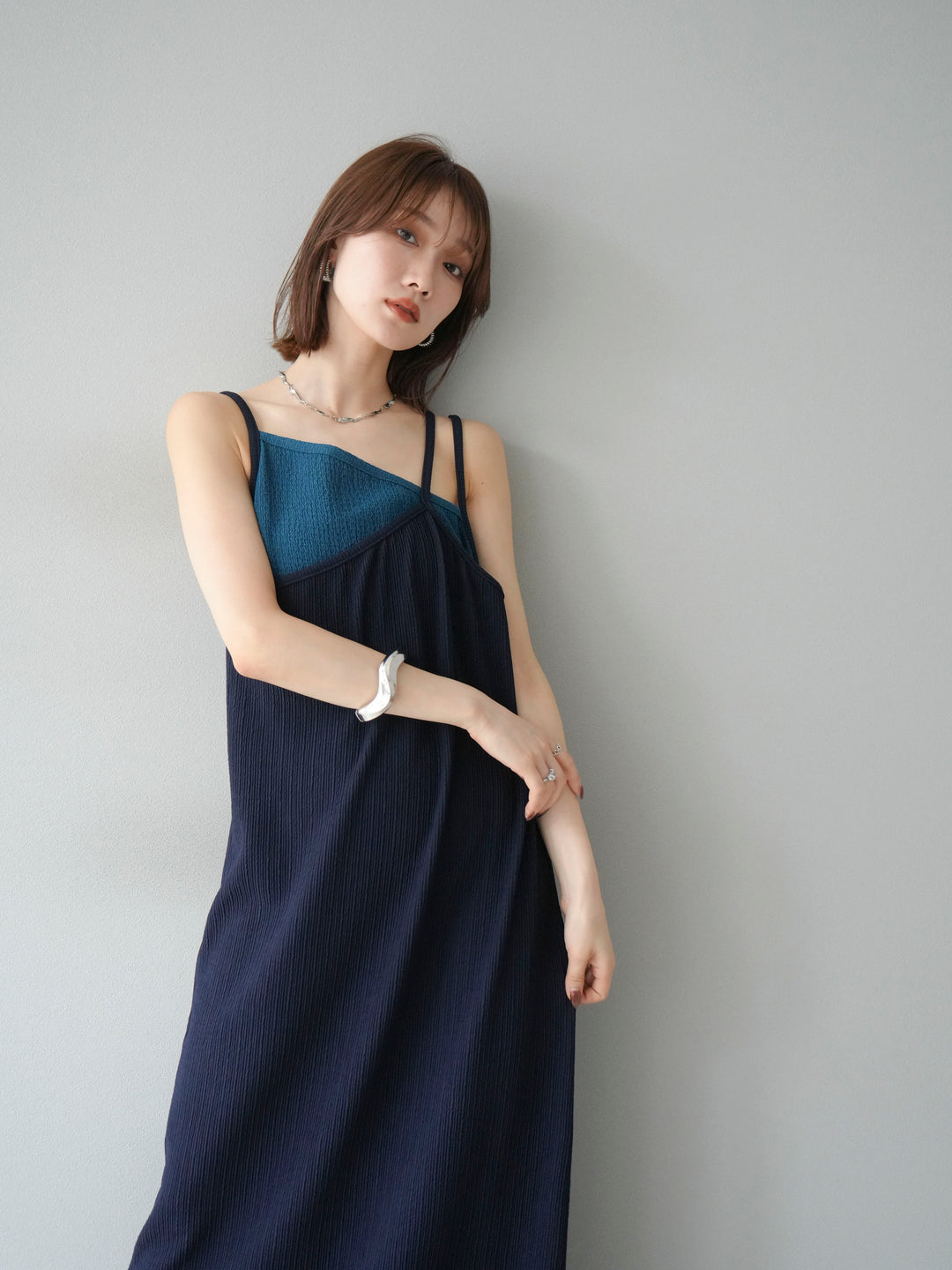 [予約]バイカラーレイヤードキャミワンピース/ネイビー