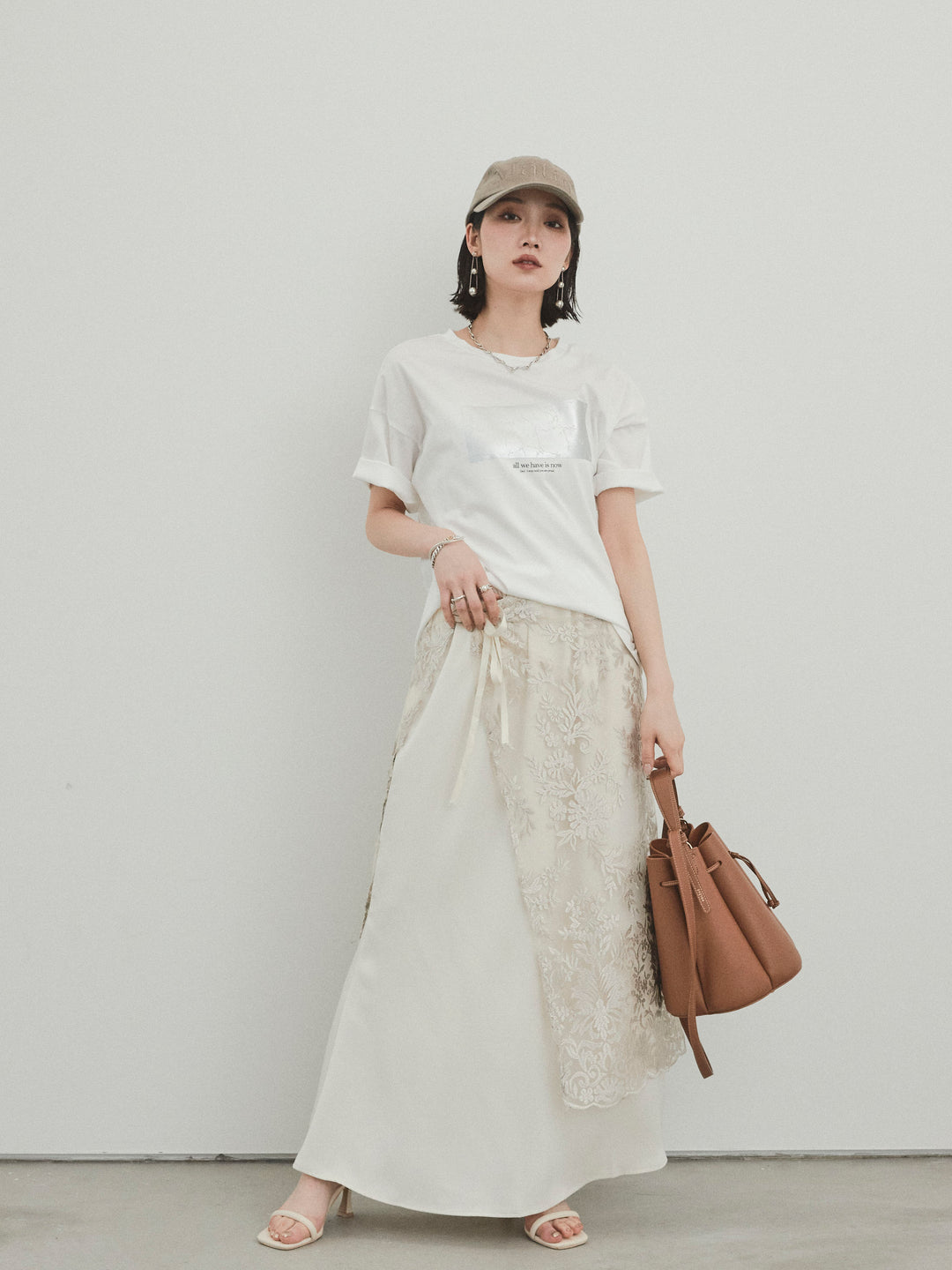 [SET]箔プリントドライタッチコットンTEE +チュールジャガードラップロングスカート(2set)