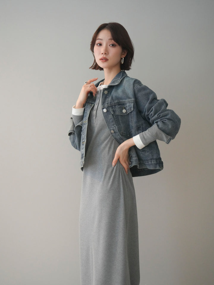 [SET]配色レイヤードヘンリーネックカットリブワンピース+配色ステッチデニムジャケット(2set)
