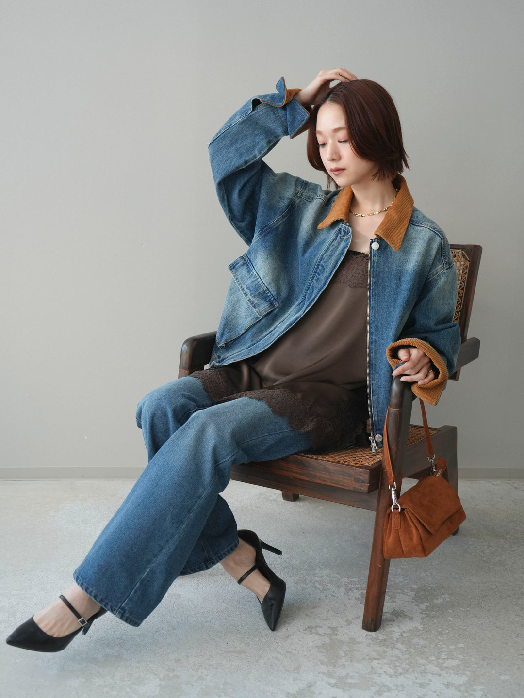 [予約]コーデュロイ×デニムショートカバーオール/blue