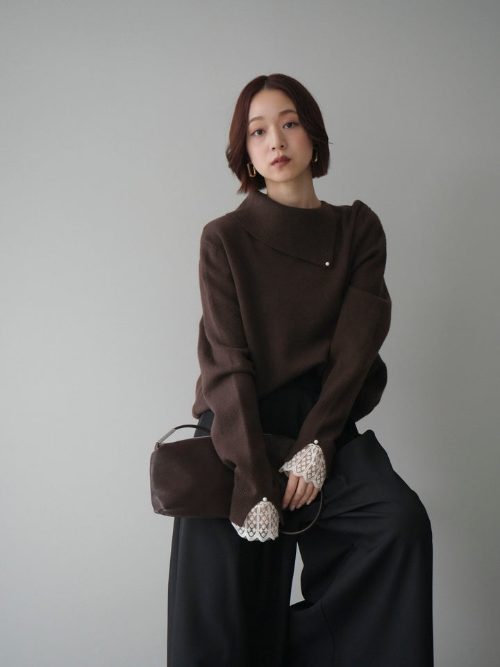 [SET]袖レースパール付き配色ニットトップス+テープベルトタックバギーパンツ(2set)