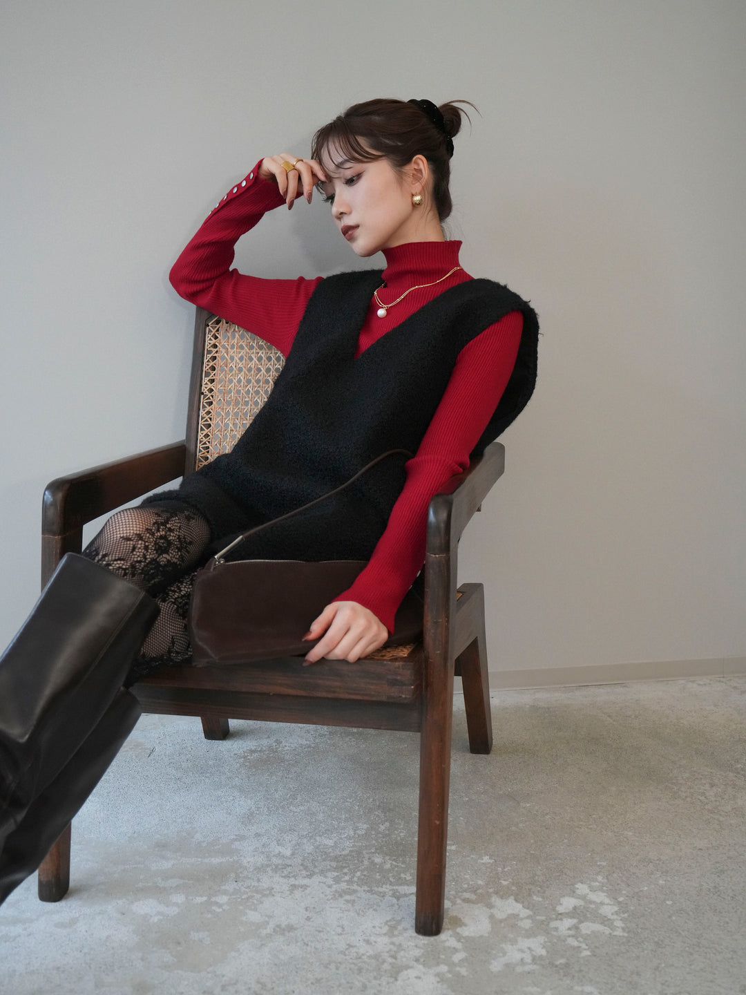 [予約]ミックスループヤーンニットミニワンピース/black