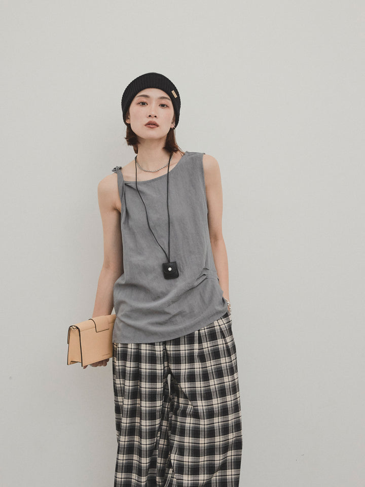 [SET] 扭紋無袖上衣配皮項鍊 + 扭紋無袖上衣配皮項鍊 (2件套)