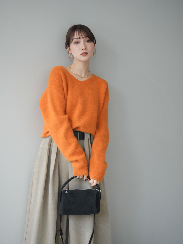 [SET]シュシュ付きアンゴラタッチVネックニットプルオーバー+ベルトデザインループコールテンワイドパンツ(ベルト付き)(2set)