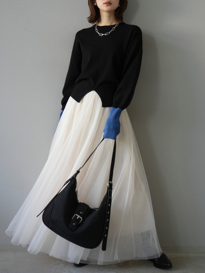 [予約]袖配色フロントスリットニットプルオーバー/ブラック