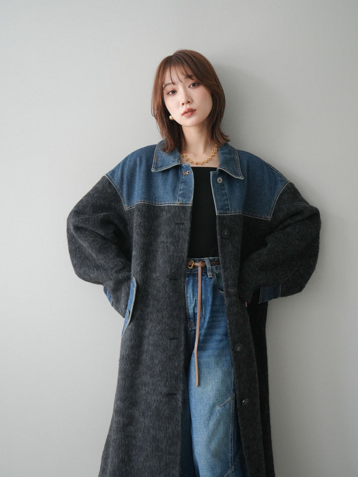 [SET]デニム切替シャギーステンカラーコート+選べるアクセセット(2set)