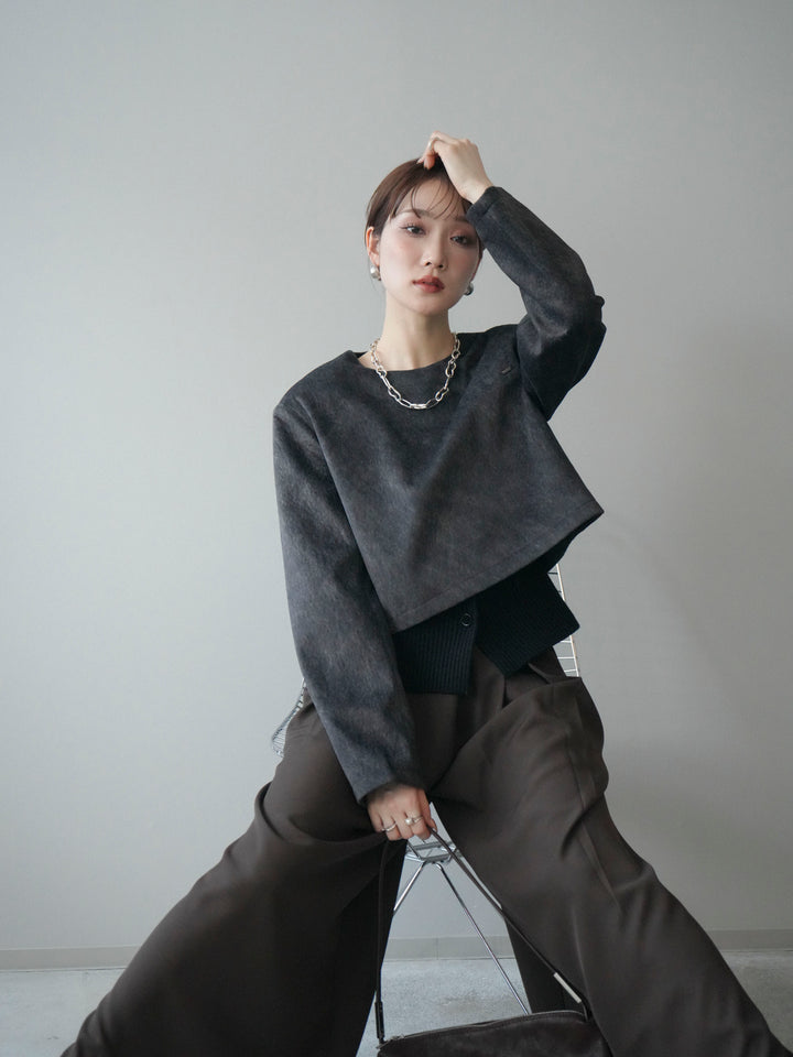 [予約]リブニットレイヤードスエードプルオーバー/charcoal