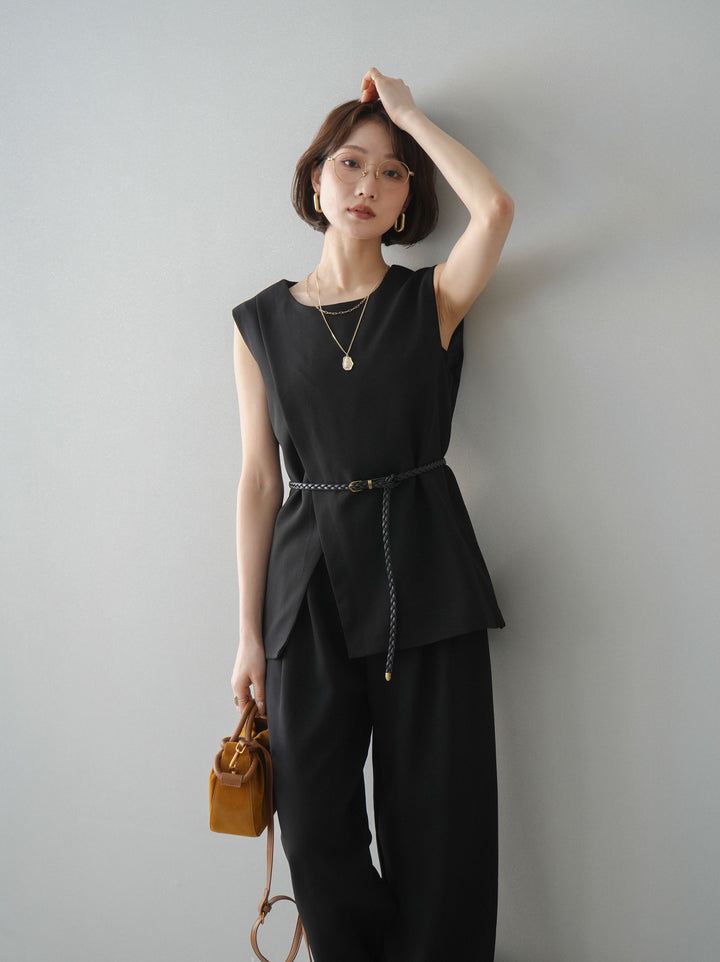 [SET]ベルト付ノースリーブトップス＆ワイドパンツSETUP