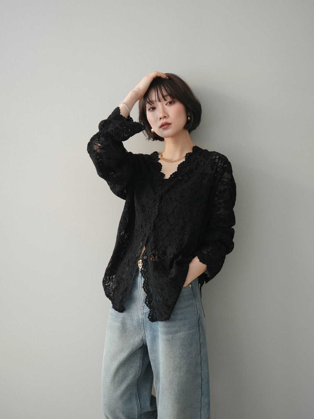 [予約]Vネックレースブラウス/black