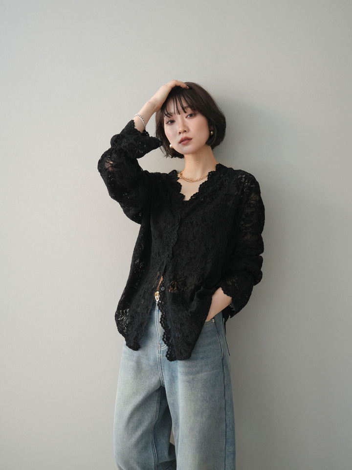 [予約]Vネックレースブラウス/black