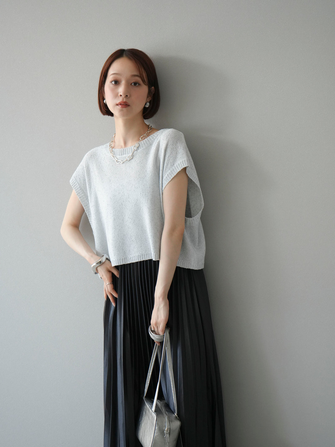 [SET]ネップヤーンクロップドニットベスト+サテンプリーツマキシスカート(2set)