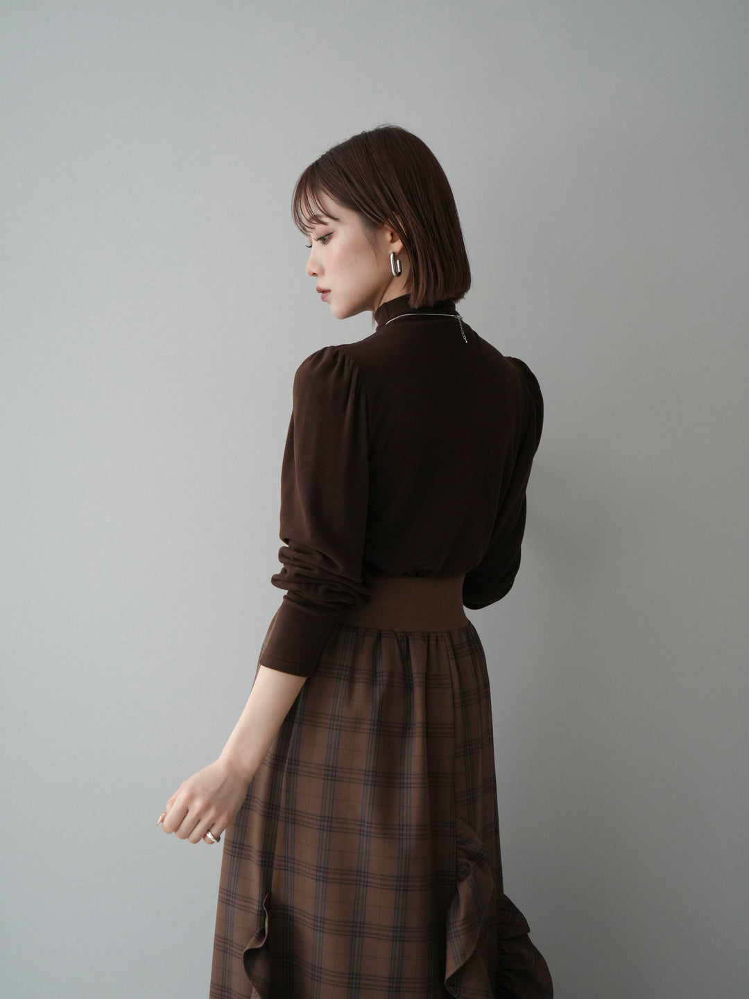 [予約]プチネックパワーショルダー起毛トップス/brown