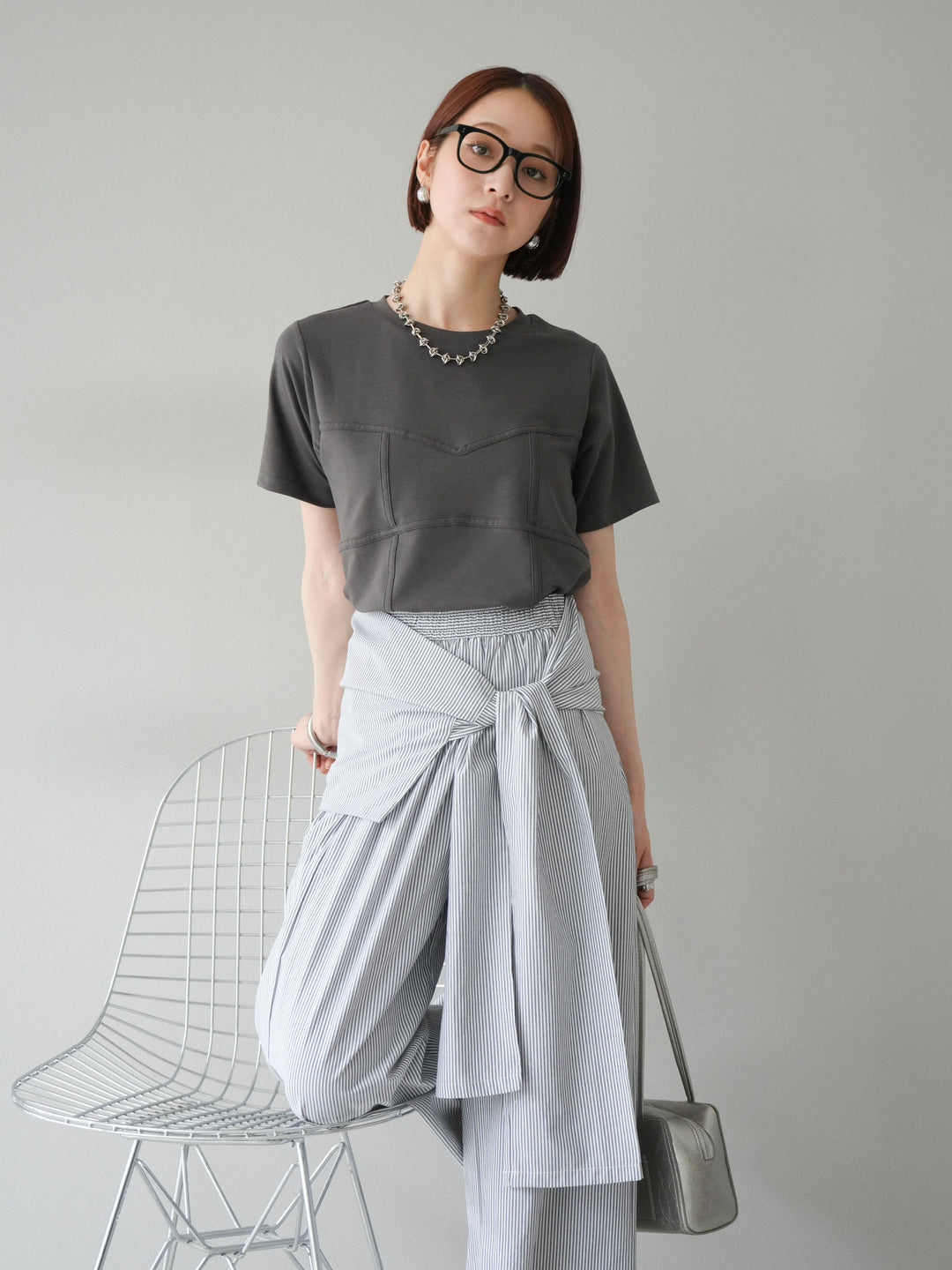 [SET]ビスチェデザインTシャツ+ウエスト巻きストライプイージーパンツ(2set)