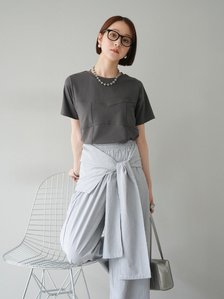 [SET]ビスチェデザインTシャツ+ウエスト巻きストライプイージーパンツ(2set)