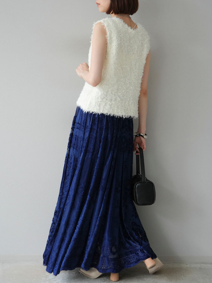 [SET]テープヤーンフリンジニットベスト+アンティーク柄フロッキーマキシスカート(2set)