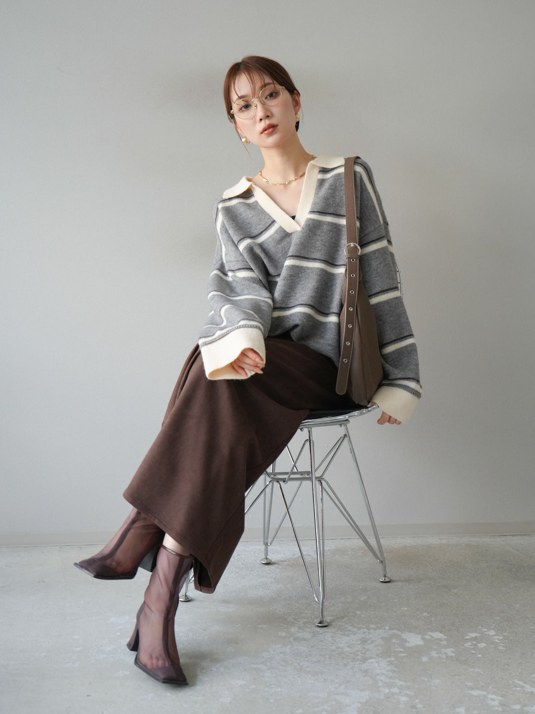 [SET]ポロ襟スキッパーボーダーニットプルオーバー+スウェードIラインスカート(2set)