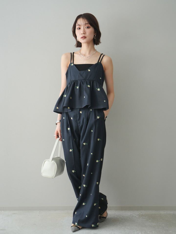 [予約]フラワー刺繍タックパンツ/navy