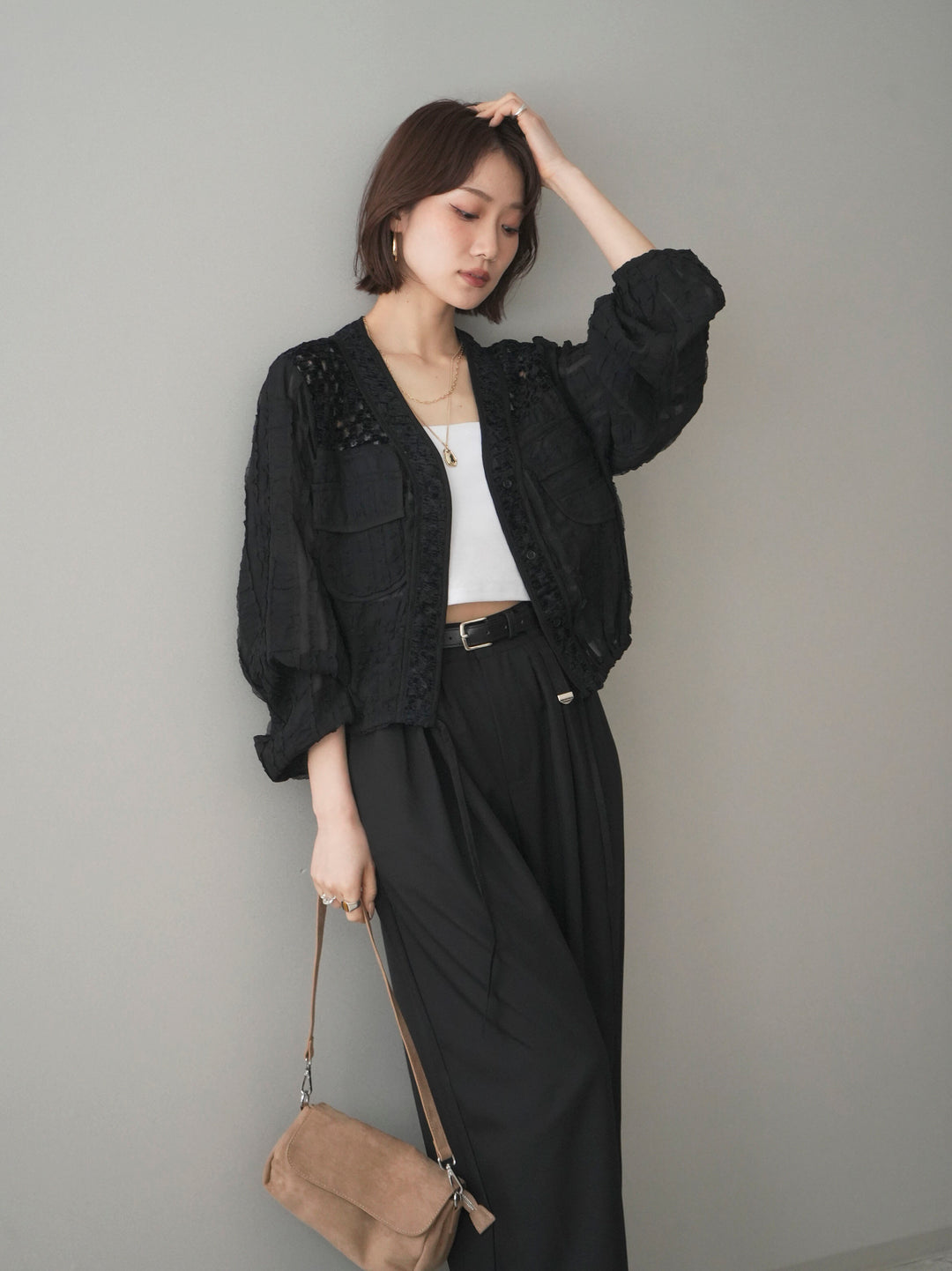 [SET]パッチワークシアーフリルブルゾン+ベルト付キーホルダーモチーフワイドパンツ(2set)