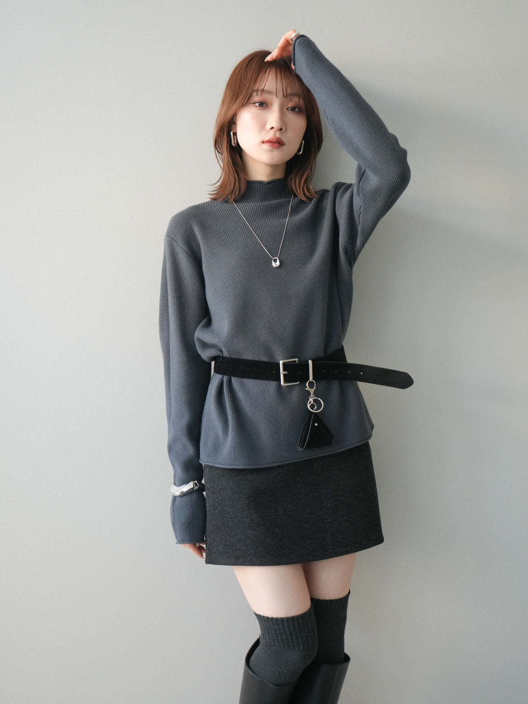 [SET]ボトルネック裾カールリブニットトップス+ボトルネック裾カールリブニットトップス(2set)