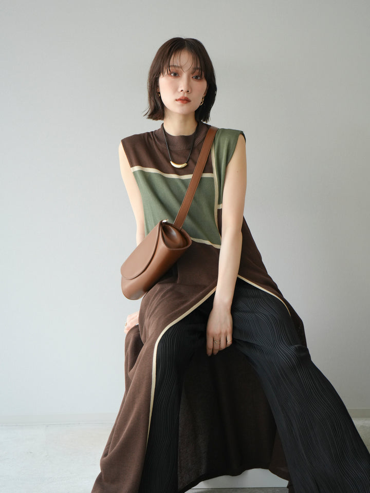 [SET] 配色開衩針織洋裝 + 波浪滾邊休閒褲 (2件套)