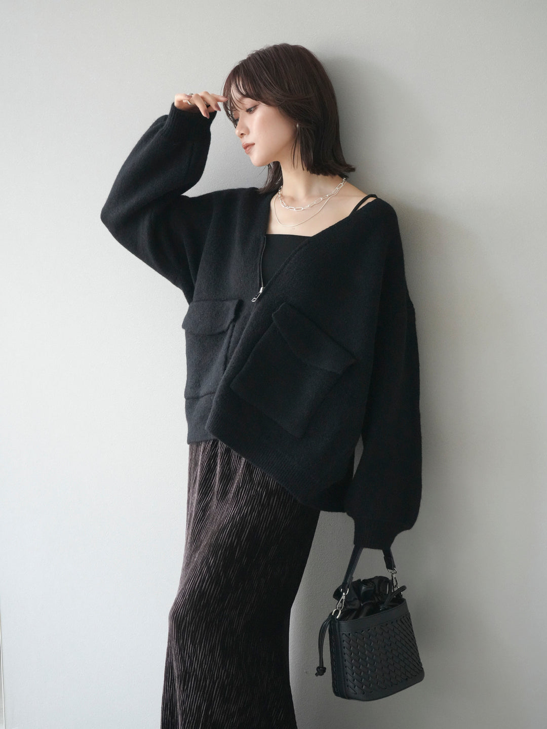 [予約]BIGポケットジップニットカーディガン/black