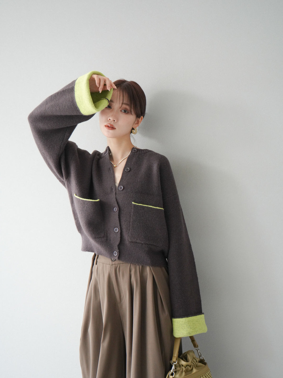 【SET】雙色針織開襟衫+褶襉設計寬褲（2套）