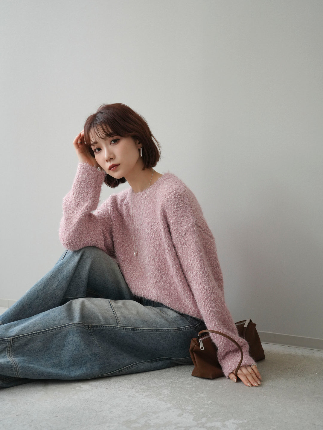 [SET]モールラメミックスヤーンニットプルオーバー+ベルト付カーブデニムパンツ(2set)