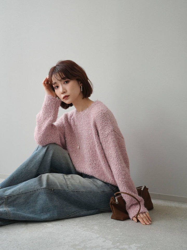 [SET]モールラメミックスヤーンニットプルオーバー+ベルト付カーブデニムパンツ(2set)