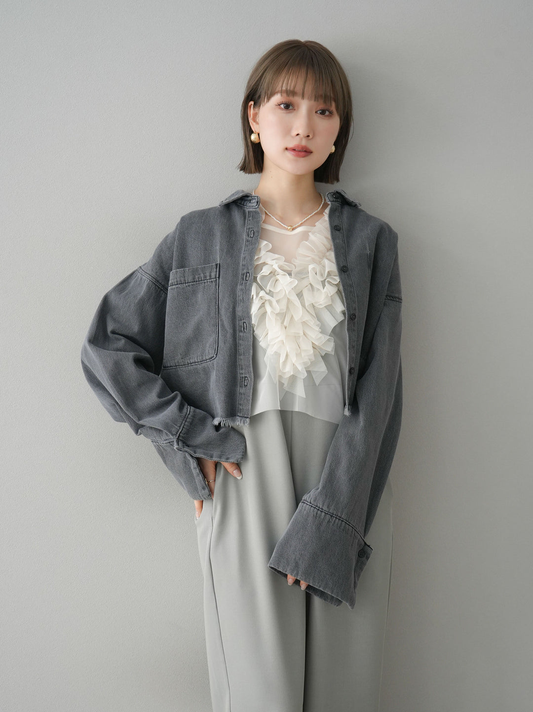 [預訂] 薄紗荷葉邊背心 x 連身套裝/灰色