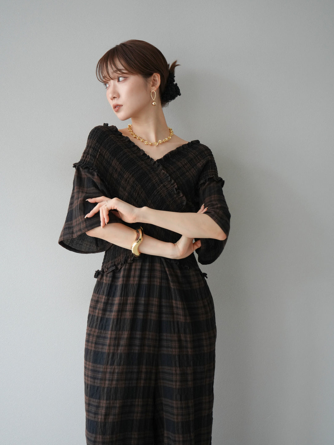 [予約]チェック柄ハーフスリーブシャーリングクロスサロペット/ブラウン