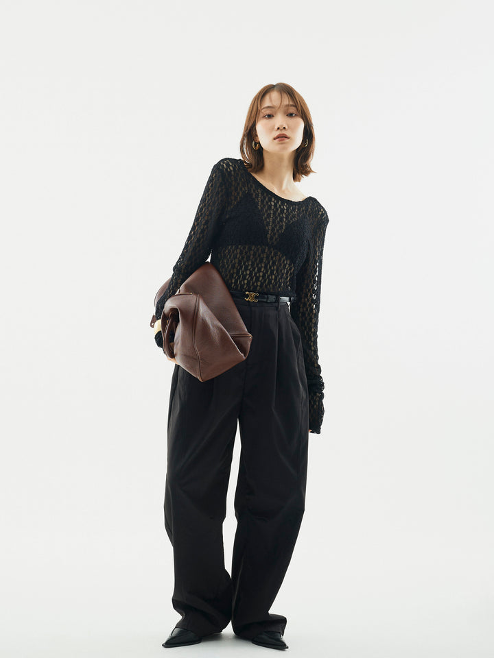 【Allure】[SET]バックラウンドレーストップス+タフタワイドカーブパンツ(2set)