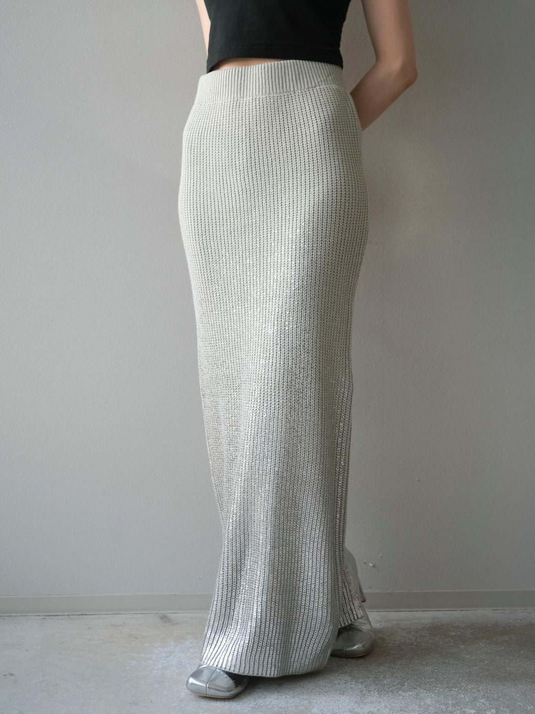 [予約]箔プリントニットタイトスカート/lightgray