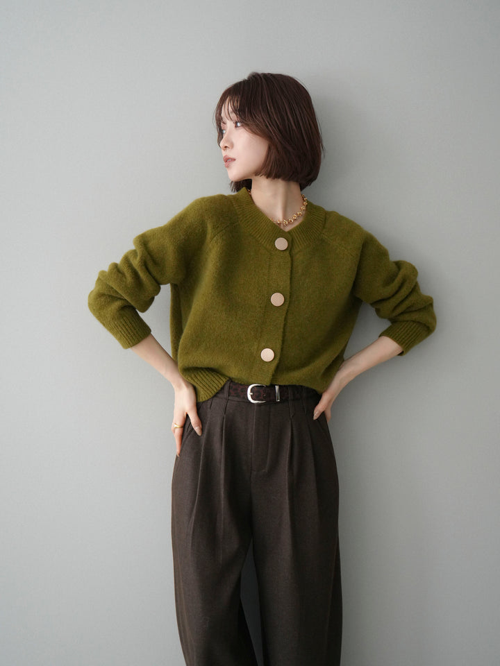 [SET]BIGボタンニットカーディガン+アニマル柄ベルト付きウールタッチワイドパンツ(2set)