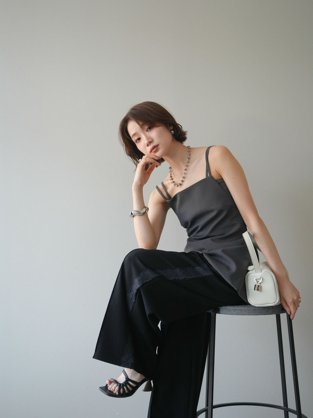 [SET]バックリボンバルーンチュニックキャミ+サイドレースポンチワイドパンツ(2set)