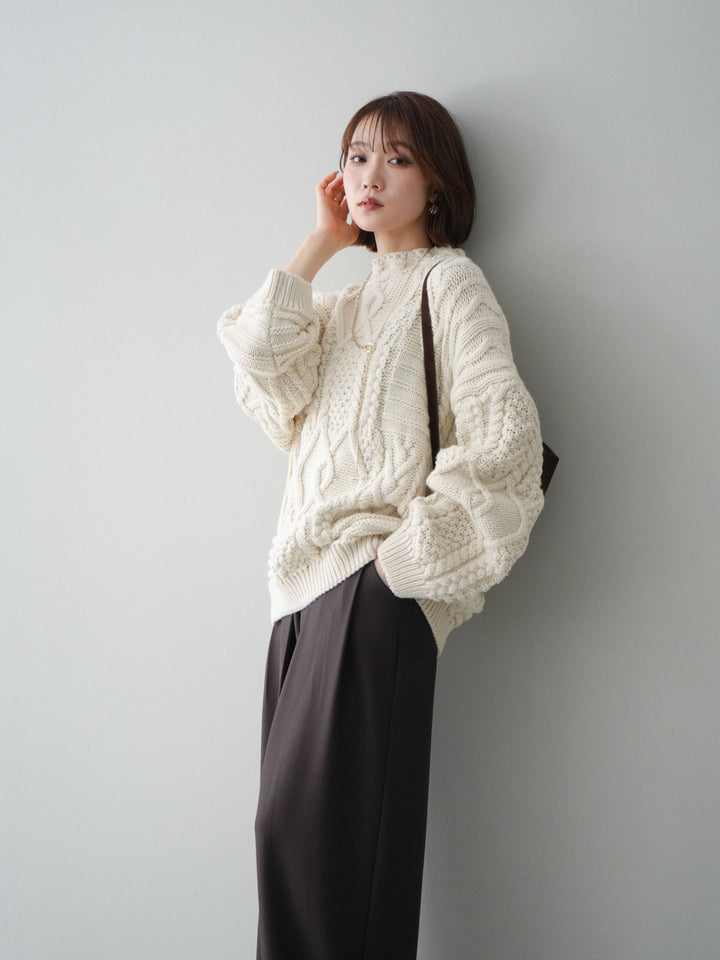 [SET]ケーブル編みモックネックニットプルオーバー+ベルトループデザインワイドパンツ(2set)