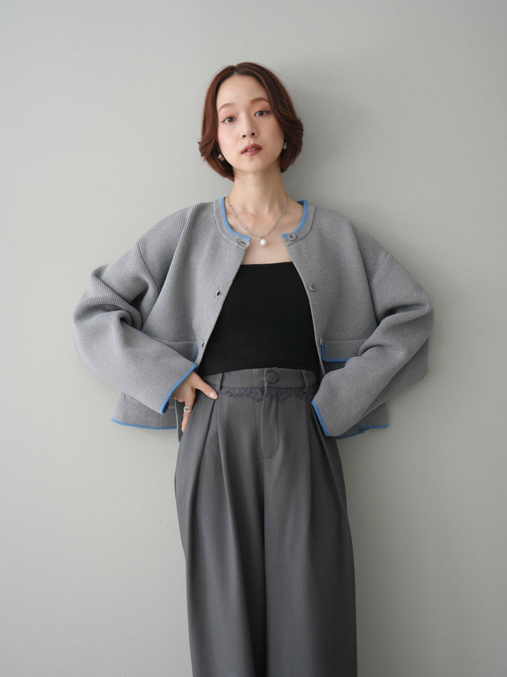 [SET]ポリエステル配色ニットカーディガン+ウエストレースタックワイドパンツ(2set)