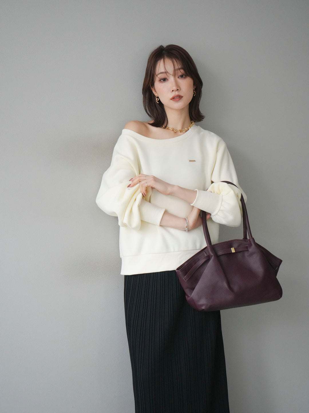 [予約]プレート付裏起毛ワンショルプルオーバー/ivory