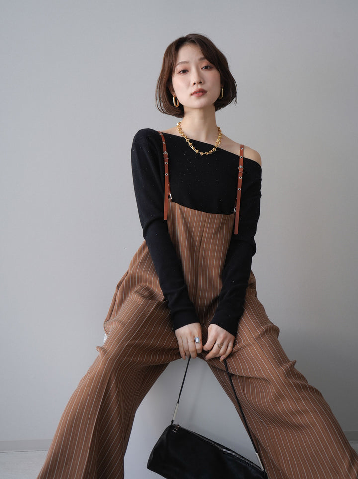 [予約]ヘリンボーンストライプサス付サロペット/goldbrown