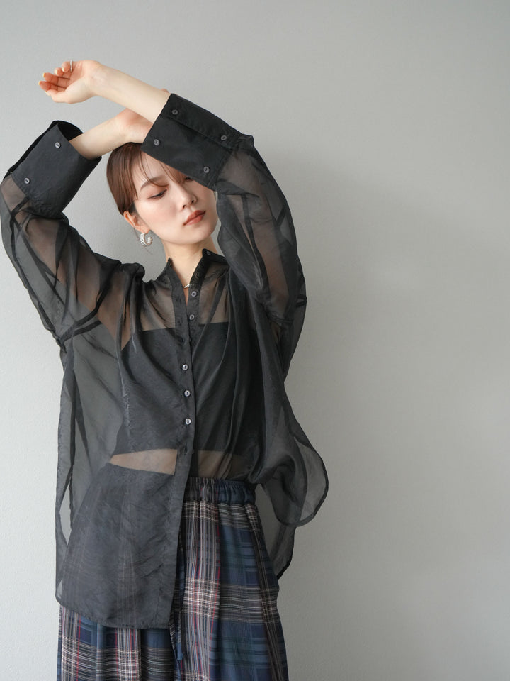 [SET] 亮面透視立領襯衫 + 透視格紋寬鬆褲 (2 件套)
