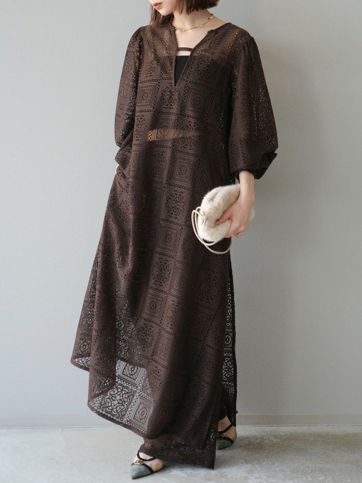 【套裝】塊蕾絲捲袖洋裝+塊蕾絲寬褲（2套）