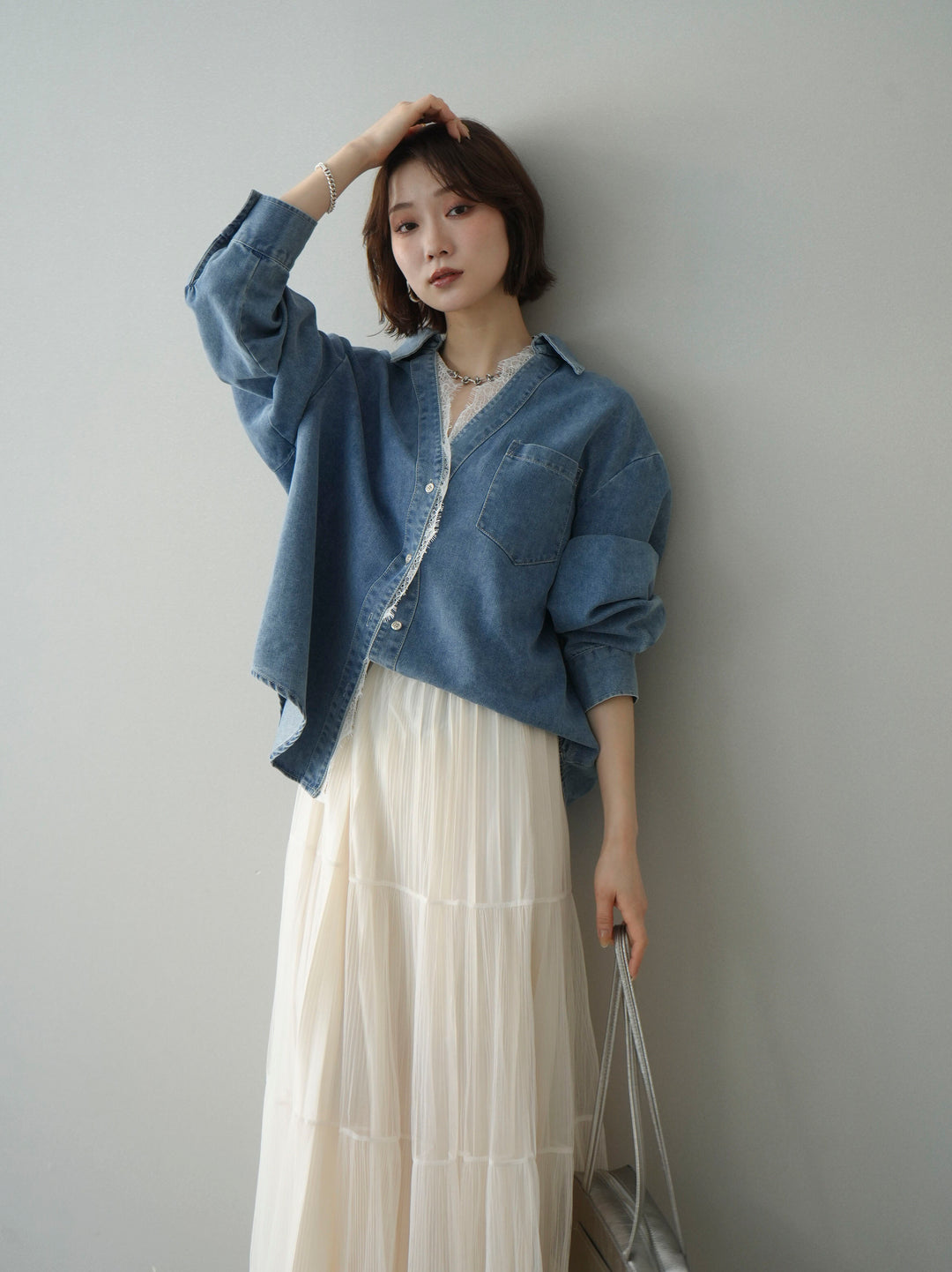 [SET]レースレイヤードデニム開襟シャツ+選べるアクセセット(2set)